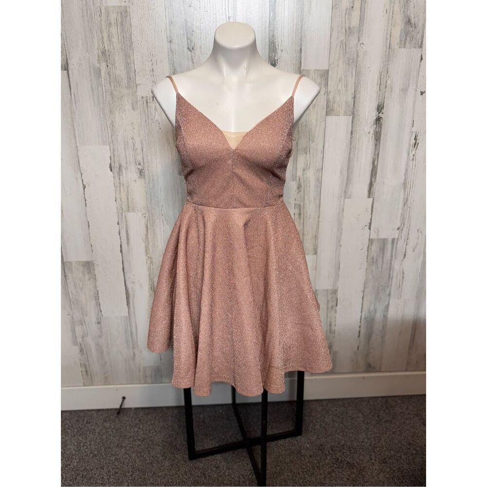 Ever Pretty Rose Gold Glitter Skater Dress Size MEDIUM Sparkly Fit & Flare Party